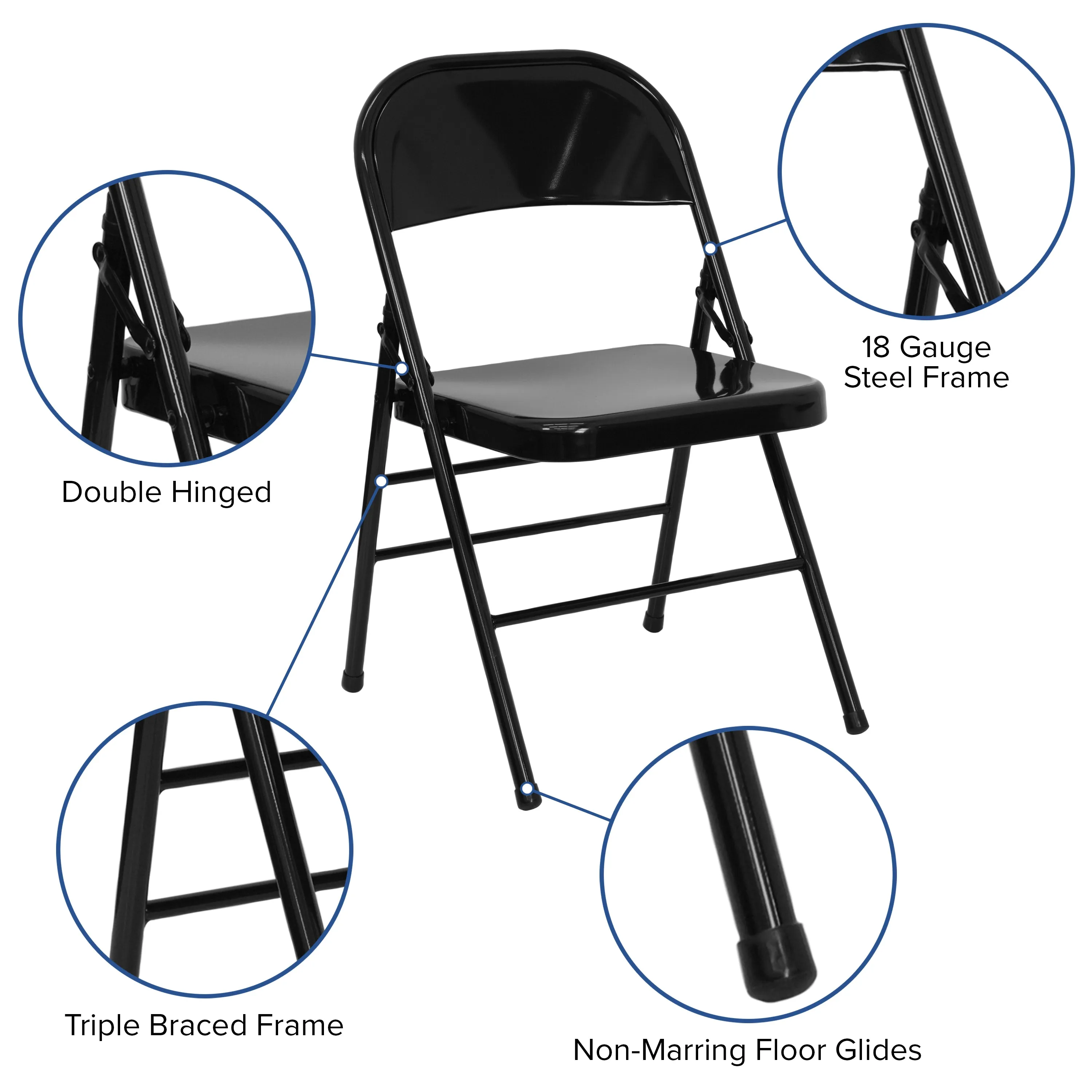2 Pack HERCULES Series Triple Braced & Double Hinged Black Metal Folding Chair