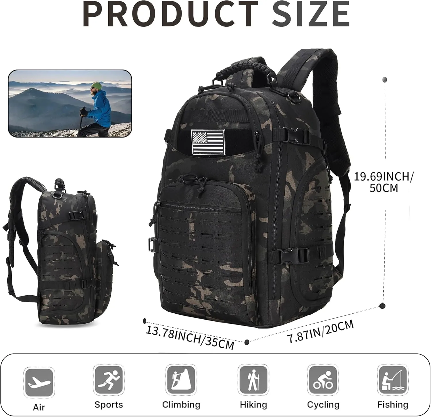 30L Hiking Backpack Lightweight Outdoor Daypack Camping Backpack Outdoor Travel Daypack Day Pack for Man Woman (Black Camo)
