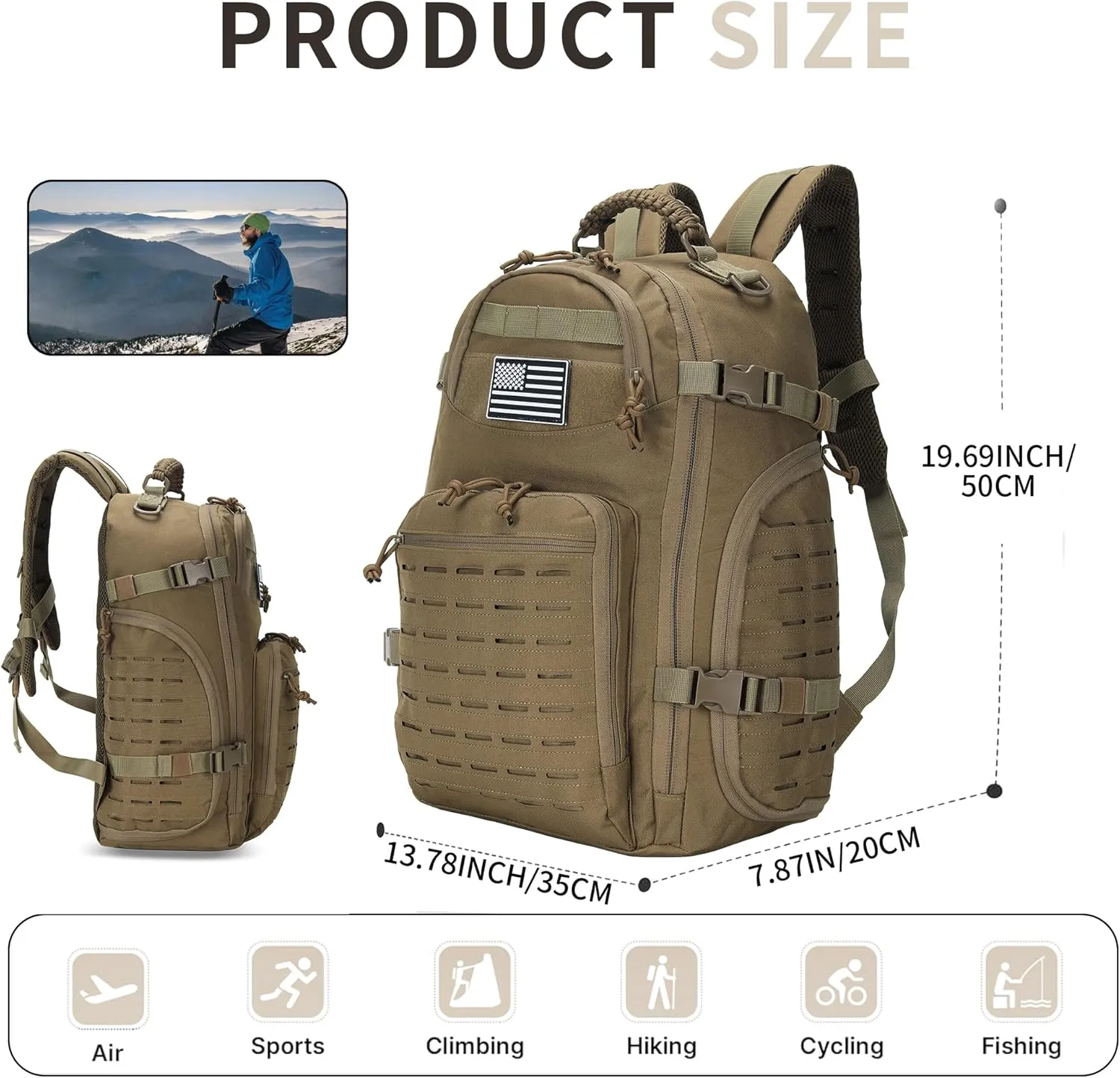 30L Hiking Backpack Lightweight Outdoor Daypack Camping Backpack Outdoor Travel Daypack Day Pack for Man Woman (Khaki)