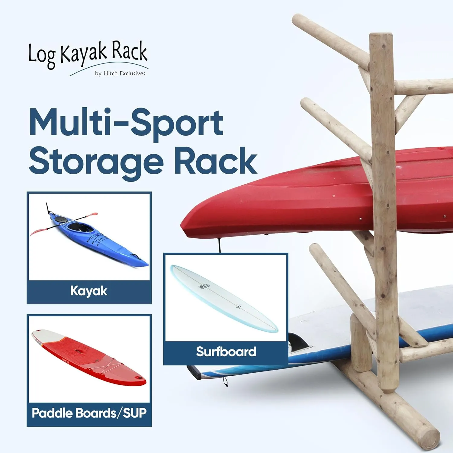 4-Place, One-Sided Kayak and SUP Log Racks, Surfboard Stand, Freestanding Outdoor Storage Rack, Surfboard Storage Racks, SUP Board Stand, Kayaks, Surfboards