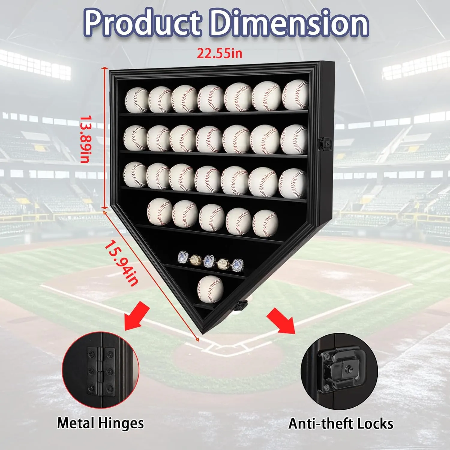 Baseball Display Case Baseball Holders for Balls Display Baseball Ring Display Wall Cabinet with Anti-Theft Lock for Collection Autographed Baseballs