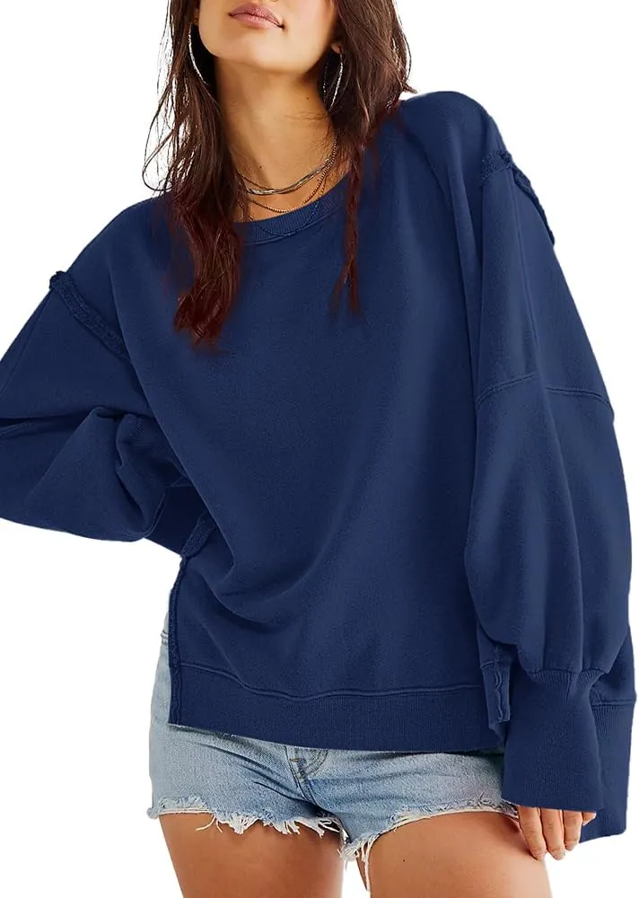 Beaully Women's Oversized Sweatshirts Crew Neck Long Sleeve Side Slit Pullovers Sweatshirt Casual Fall Clothes Sweater