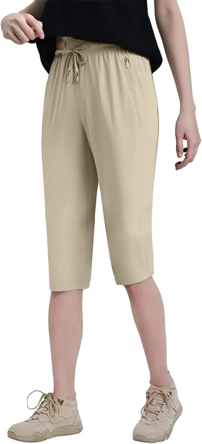 Beeswan Pants for Women Stretchy Active Capri Pants Drawstring Lightweight Quick Drying Hiking Pant with Zip Pockets