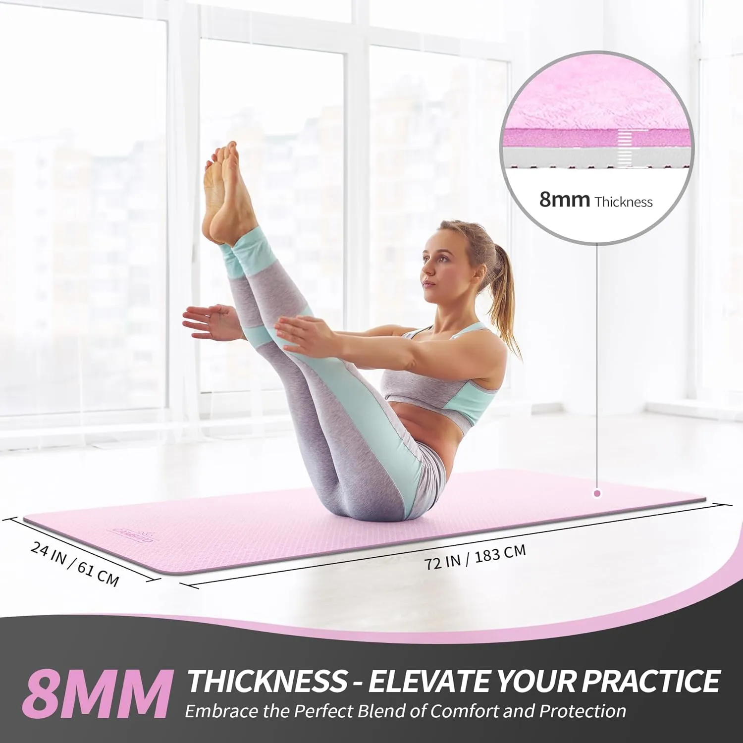 CAMBIVO Yoga Mat for Women Men Kids, 1/3 & 1/4 & 2/5 Inch Extra Thick Yoga Mat Non Slip, 72" x 24" TPE Yoga Mats, Workout Mat with Carrying Strap for Yoga, Pilates and Floor Exercises