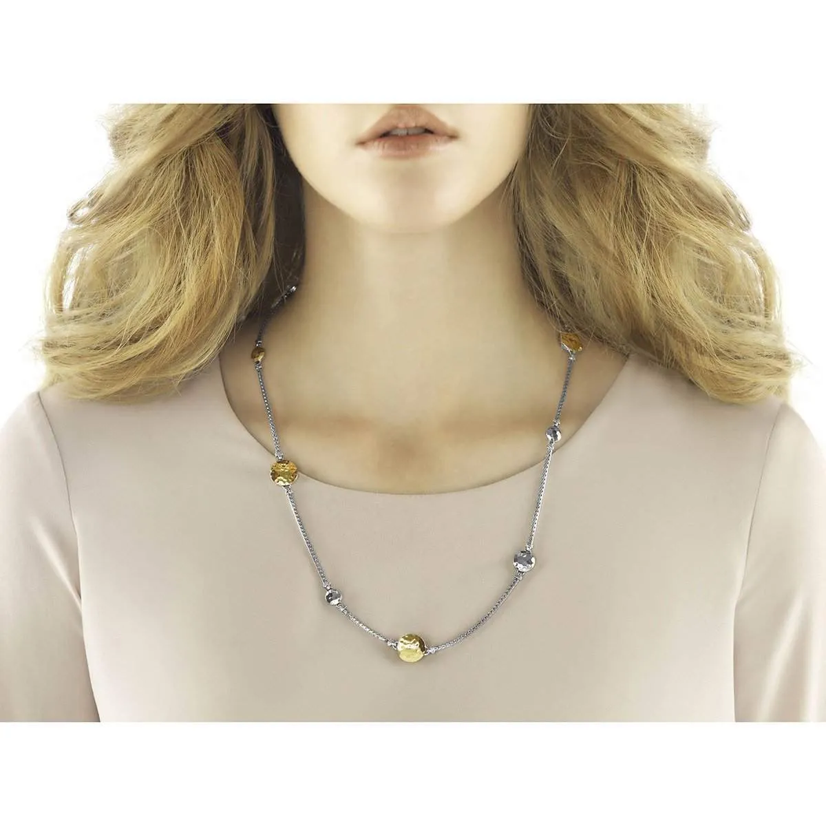 Dot Hammered Gold Silver Station Sautoir Necklace - NZ7161