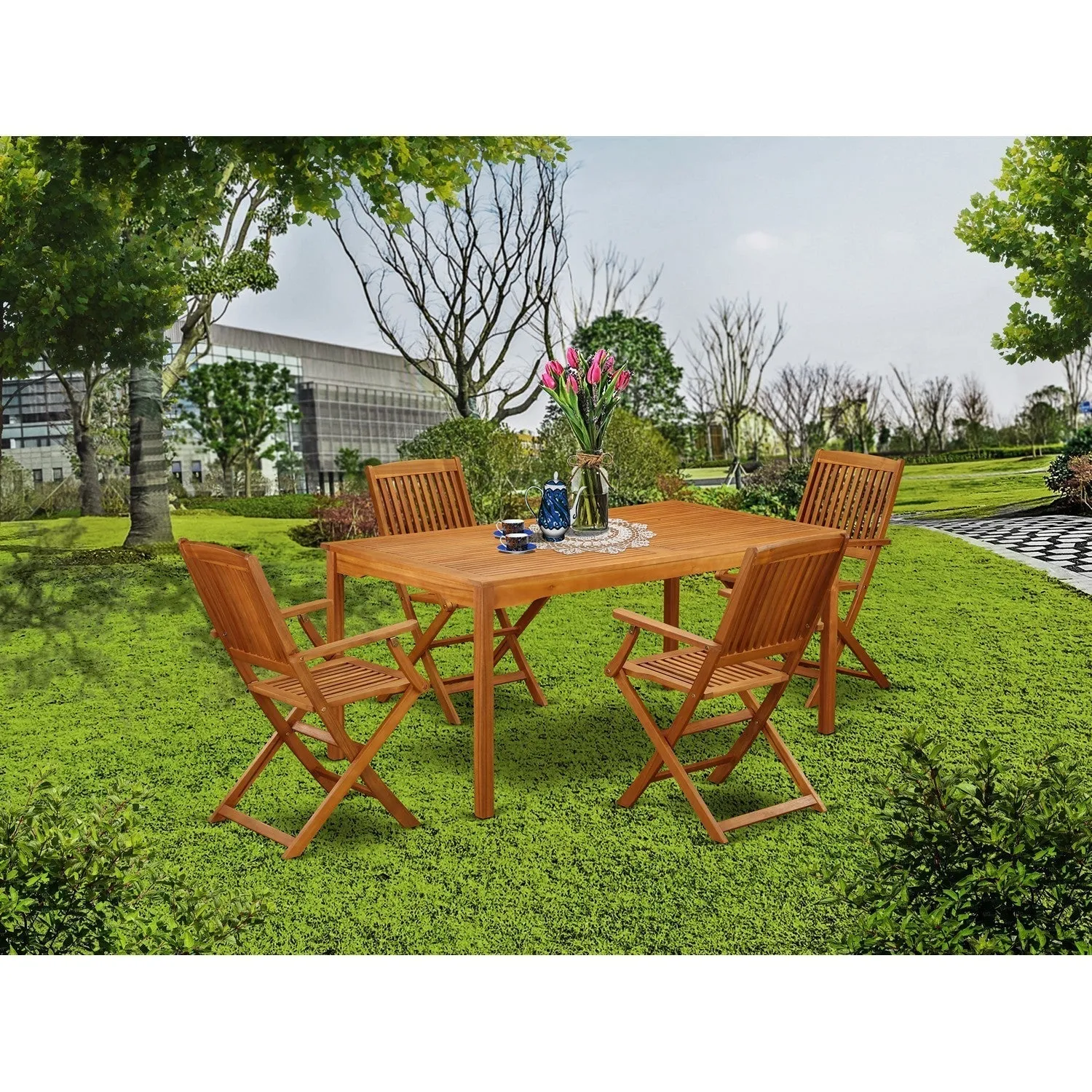 East West Furniture CMCM5CANA 5 Piece Patio Bistro Dining Furniture Set Includes a Rectangle Outdoor Acacia Wood Table and 4 Folding Arm Chairs, 36x66 Inch, Natural Oil