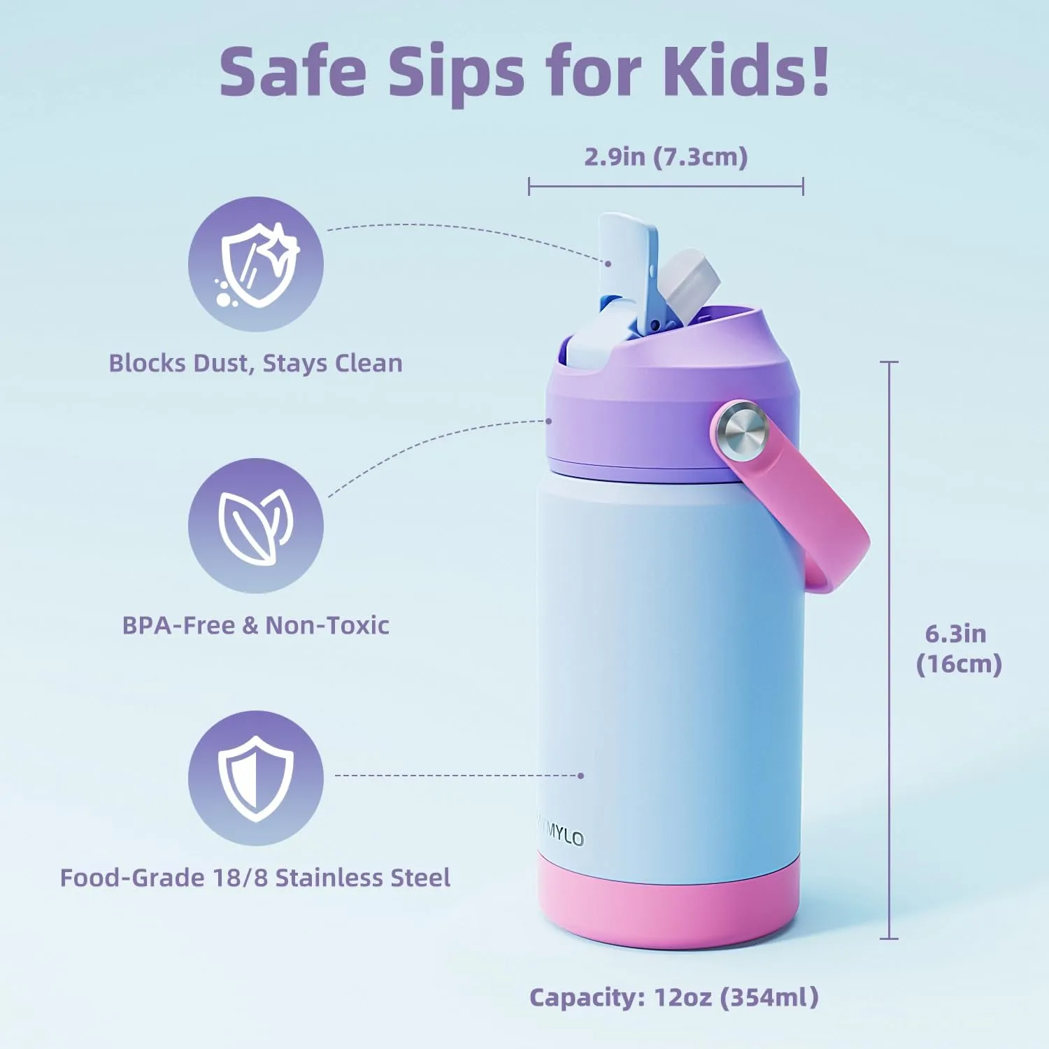Kids Water Bottle, Toddler Stainless Steel Insulated Hydro Small Flask with Straw & Silicone Boot, Boys/Girls Small Water Bottle for School, 100% Leakproof & BPA Free & Keep Cold for 24 Hours