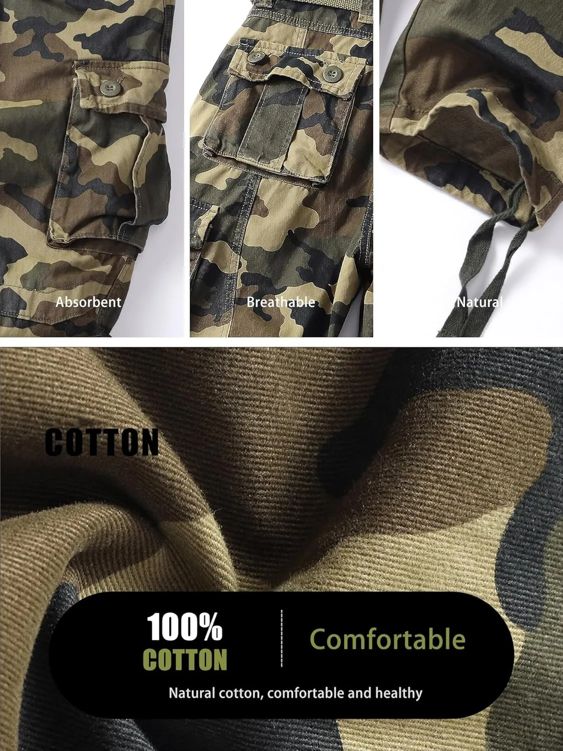 Men's Camo BDU Cargo Tactical Ripstop Casual Lightweight Baggy Combat 100% Cotton Pants with 8 Pockets(No Belt)