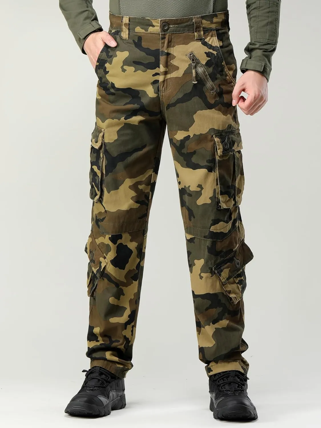 Men's Camo BDU Cargo Tactical Ripstop Casual Lightweight Baggy Combat 100% Cotton Pants with 8 Pockets(No Belt)