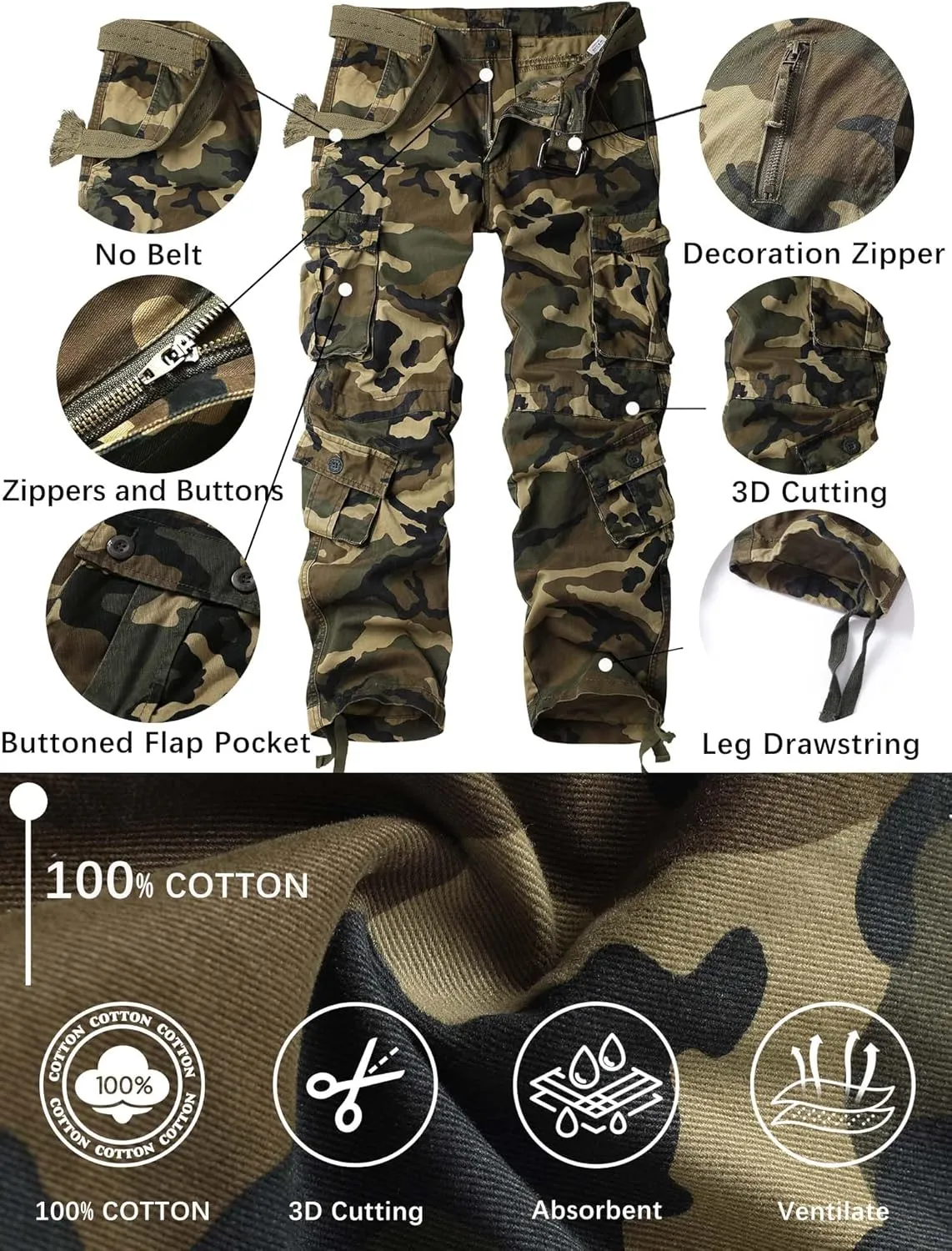 Men's Camo BDU Cargo Tactical Ripstop Casual Lightweight Baggy Combat 100% Cotton Pants with 8 Pockets(No Belt)