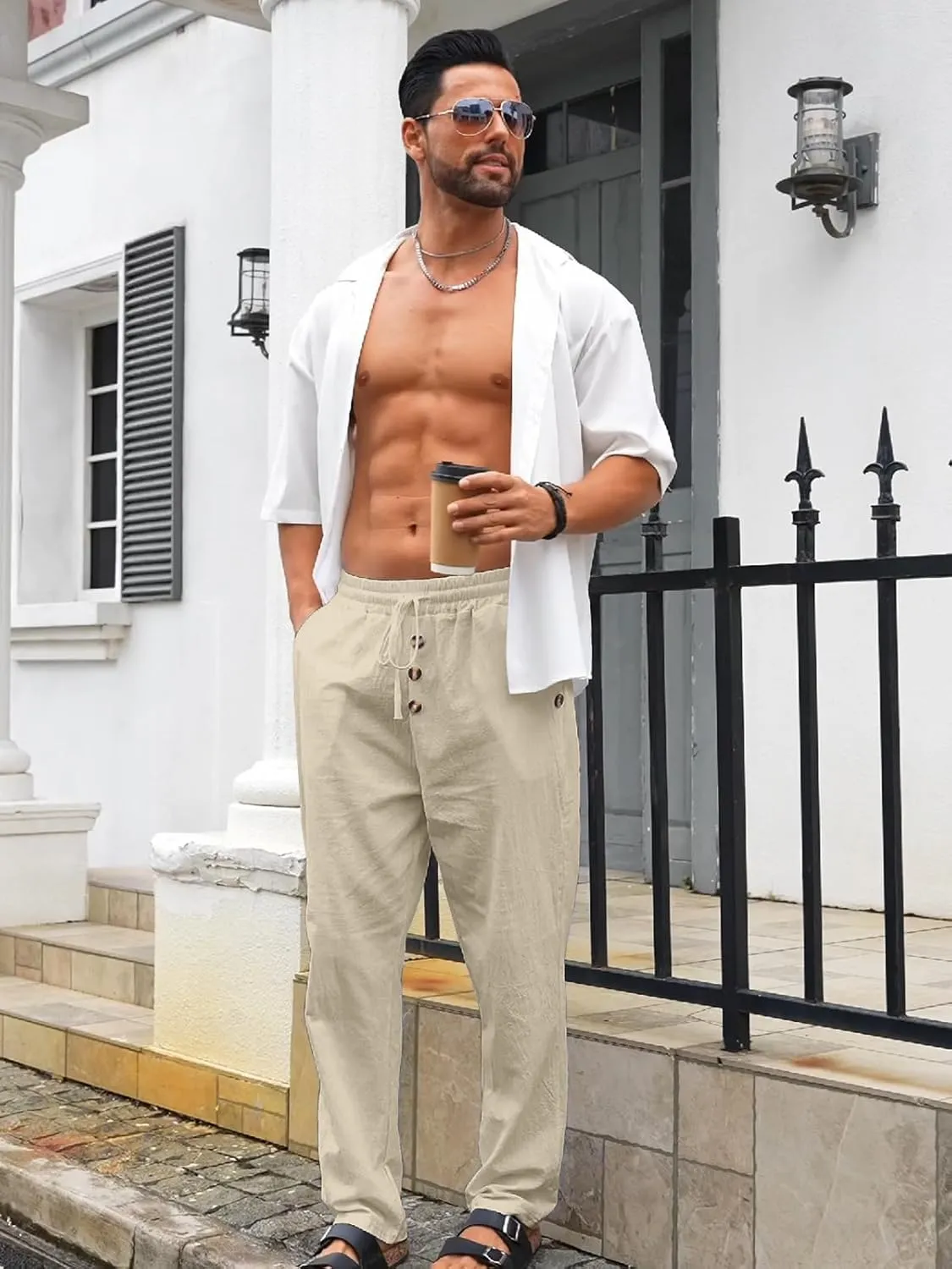 Mens Cotton Linen Pants Casual Summer Vacation Baggy Beach Pants Buttoned Drawstring Yoga Trousers with Pockets