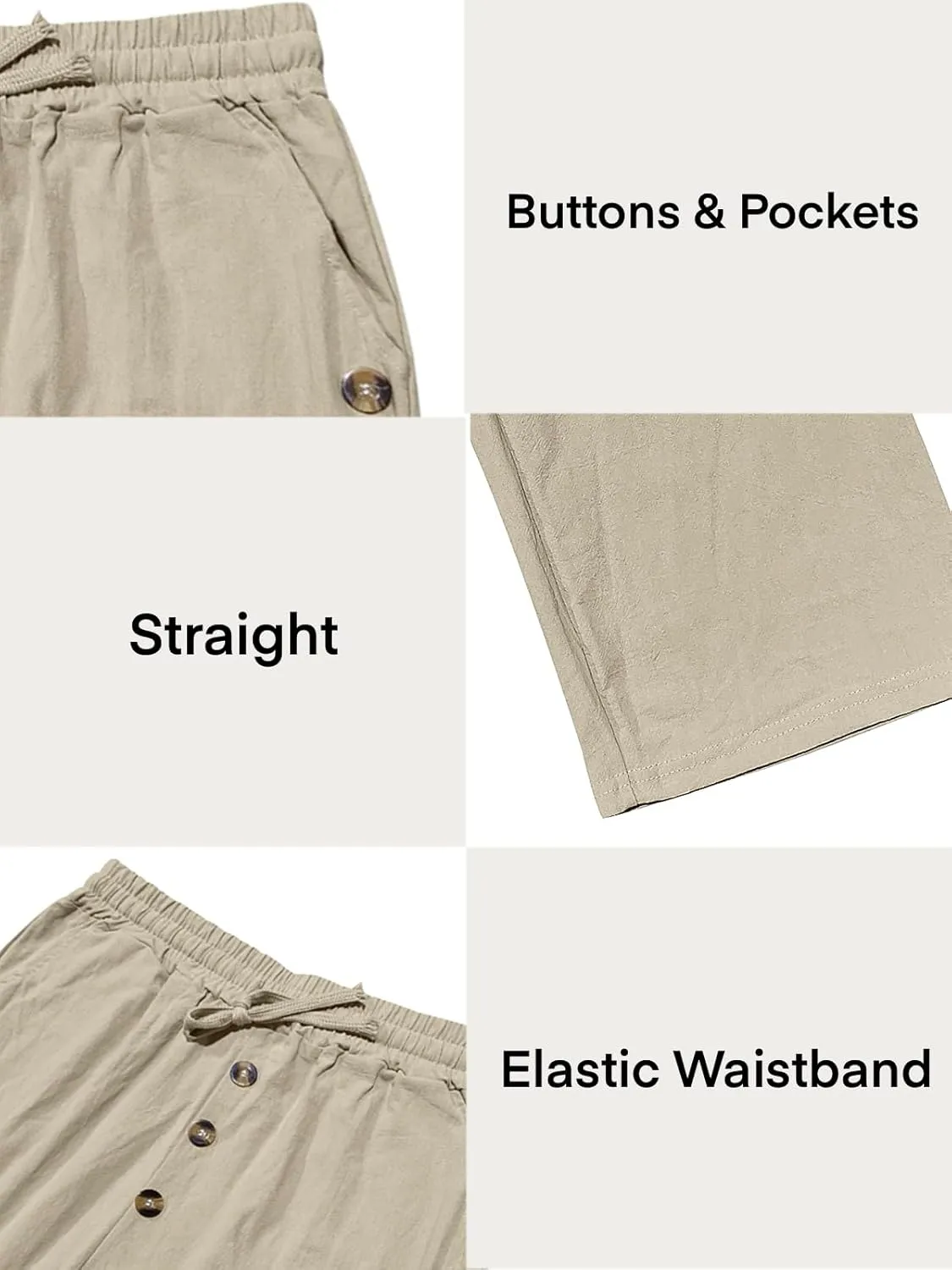 Mens Cotton Linen Pants Casual Summer Vacation Baggy Beach Pants Buttoned Drawstring Yoga Trousers with Pockets