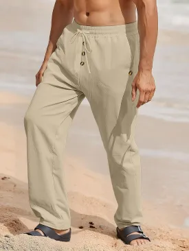 Mens Cotton Linen Pants Casual Summer Vacation Baggy Beach Pants Buttoned Drawstring Yoga Trousers with Pockets