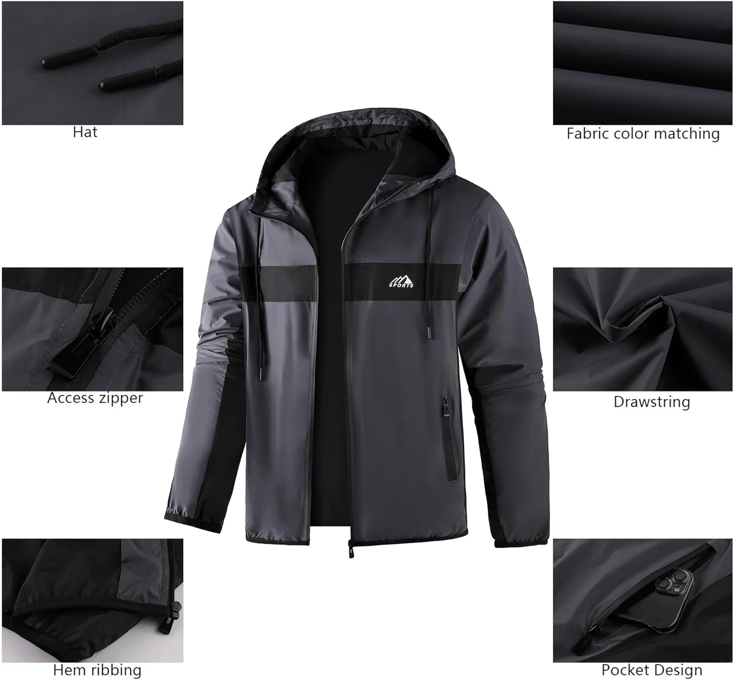 Men's Zip Up Waterproof Rain Jacket Outdoor Lightweight Softshell Raincoat for Hiking Travel WIth zippered Pocket