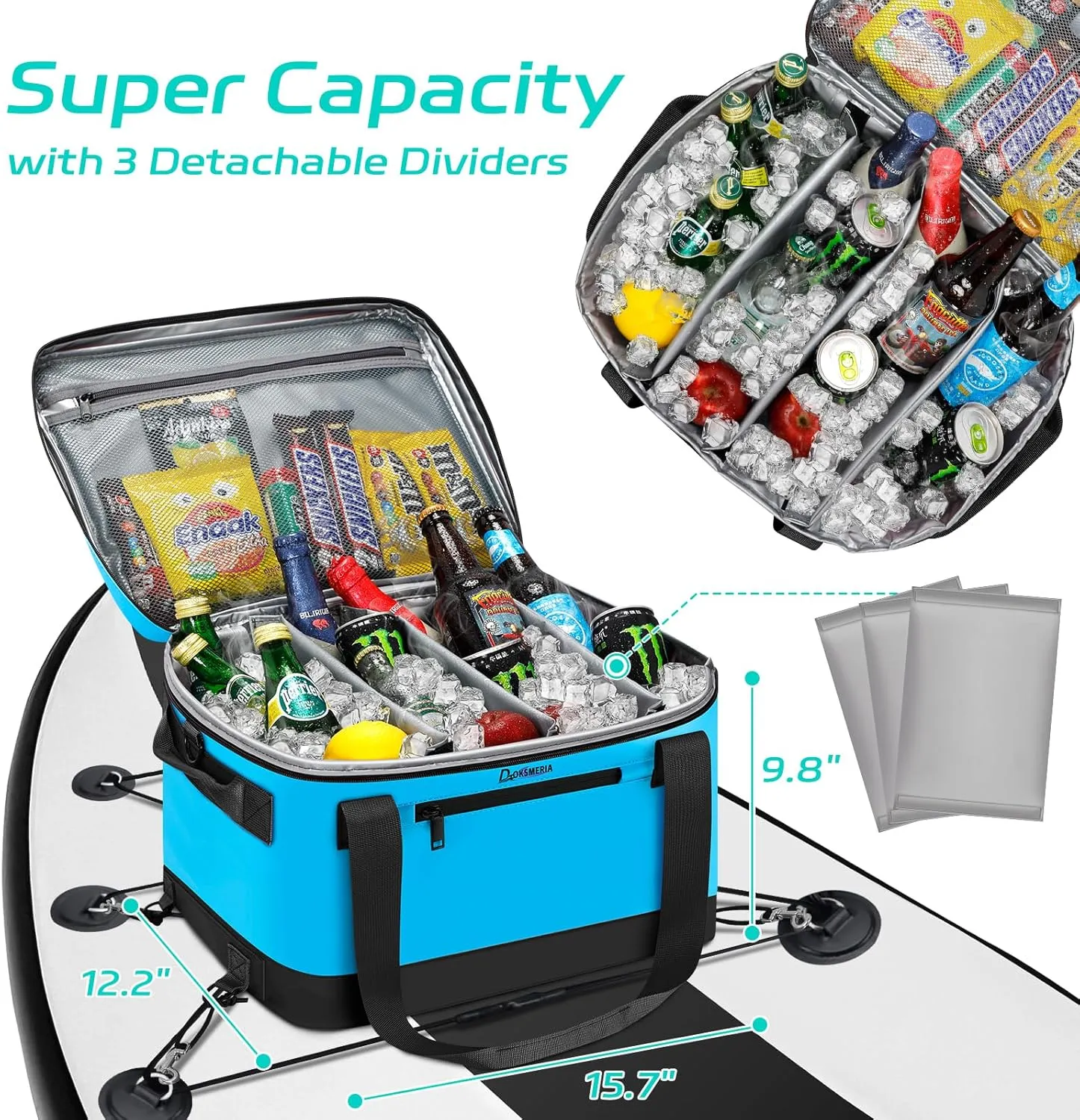 Paddle Board Cooler Waterproof, Super Capacity SUP Paddleboard Deck Cooler with Shoulder Strap & 6 Elastic Rope Clips, Paddle Board Accessories Bag for Stand Up Paddleboard and Kayak