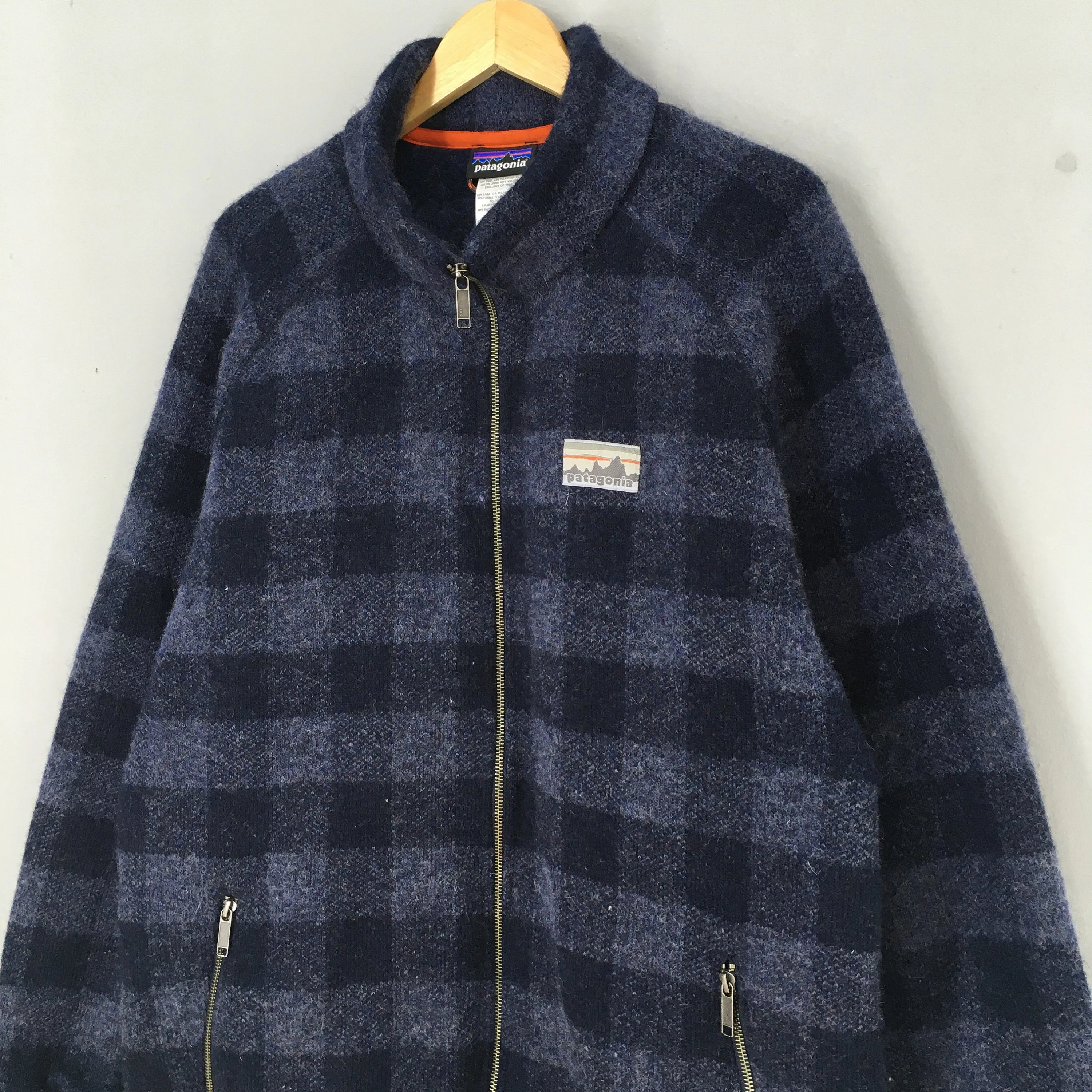 Patagonia Fleece Wool Checkered Zipper Sweater XLarge