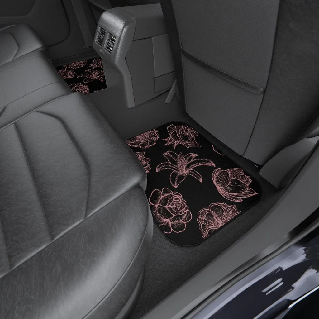 Pink Floral Floor Mats, Hippie Car Decor, 70s Car Floor Mat, Boho Car Mat Accessories, Cottagecore Bohemian Roses Vehicles Mats Set of 4