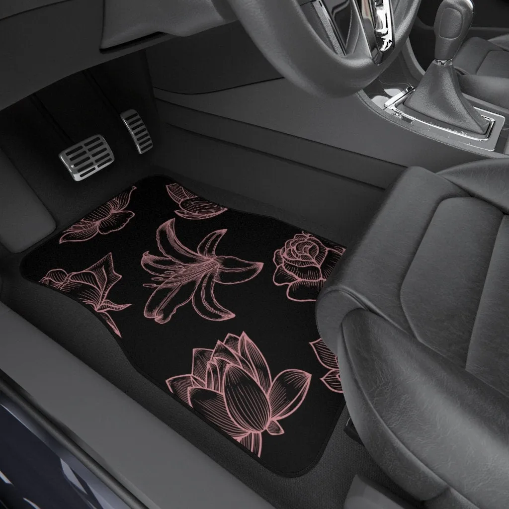 Pink Floral Floor Mats, Hippie Car Decor, 70s Car Floor Mat, Boho Car Mat Accessories, Cottagecore Bohemian Roses Vehicles Mats Set of 4