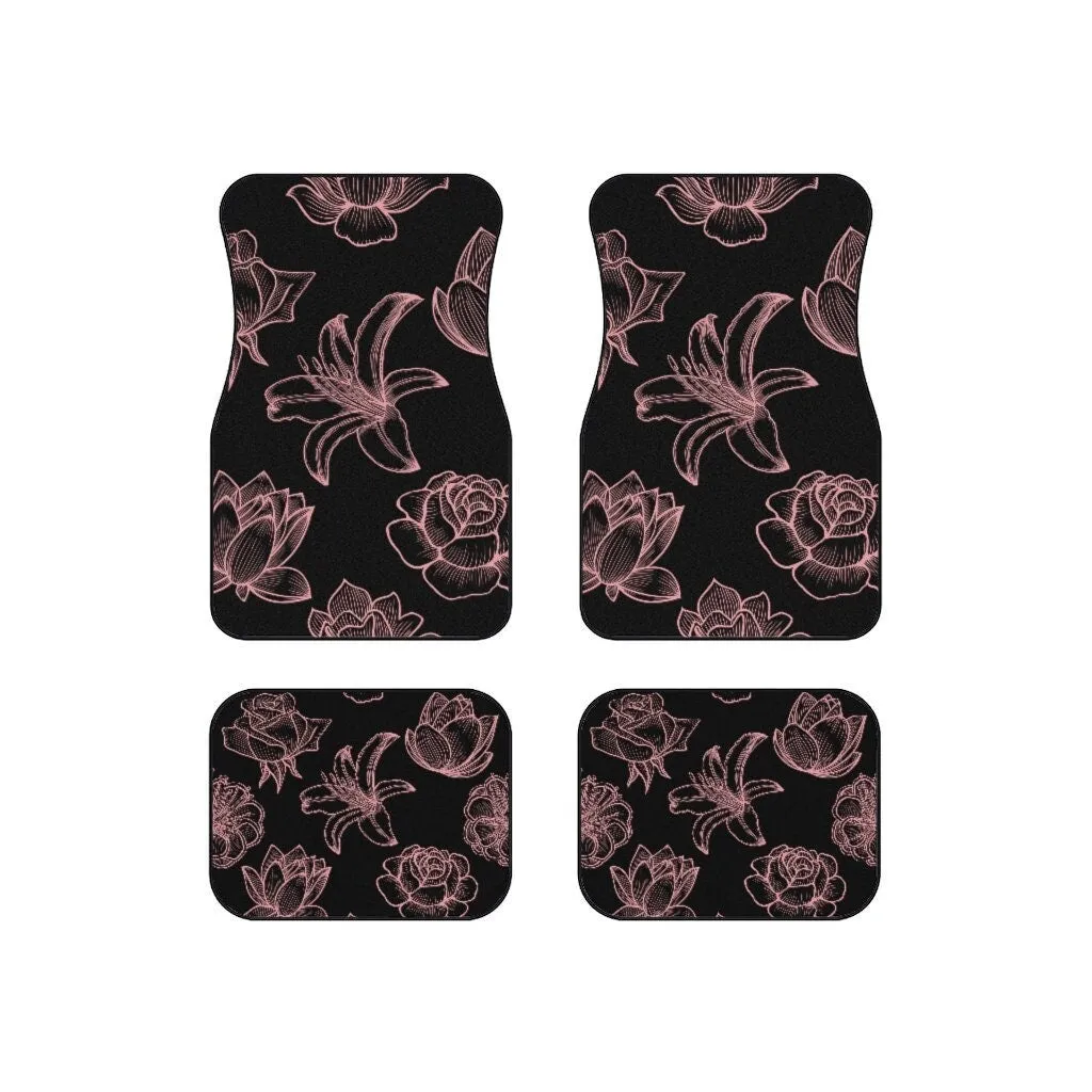 Pink Floral Floor Mats, Hippie Car Decor, 70s Car Floor Mat, Boho Car Mat Accessories, Cottagecore Bohemian Roses Vehicles Mats Set of 4