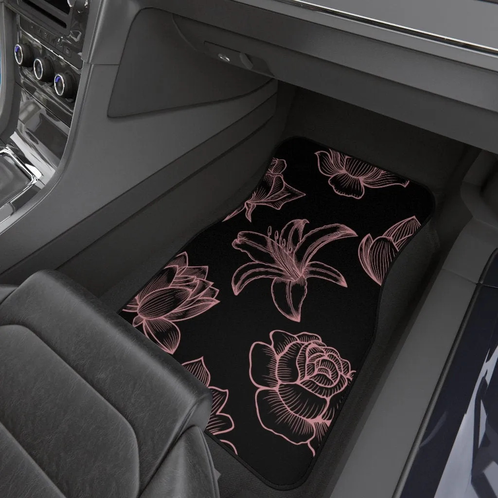 Pink Floral Floor Mats, Hippie Car Decor, 70s Car Floor Mat, Boho Car Mat Accessories, Cottagecore Bohemian Roses Vehicles Mats Set of 4