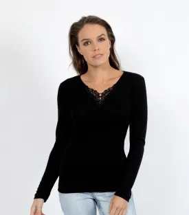 Pure Merino Wool 200gsm L/Slve with Lace Motif Insert - Black