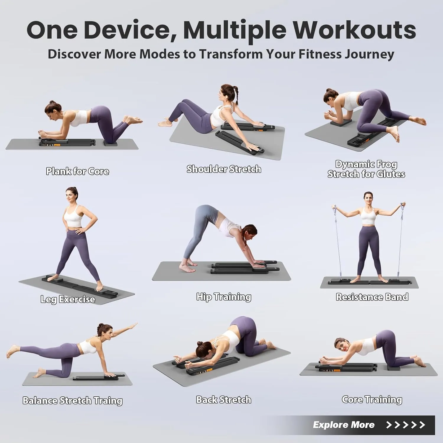 Upgraded Pilates Reformer Machine - 6-in-1 Fitness Board & Pilates Equipment Set with Ab Workout Equipment, Multifunctional Push-Up Board, Resistance Bands, Balance Board & Timer for Full Body Workout