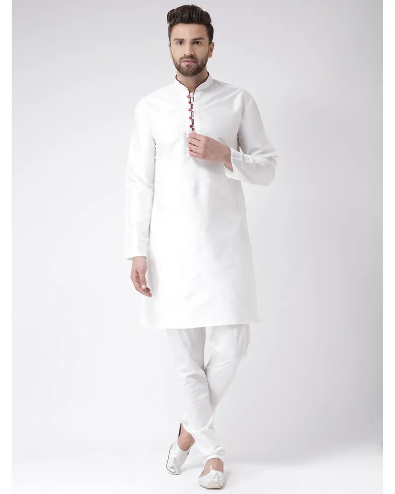 White Blended Solid Kurta Pyjama Set