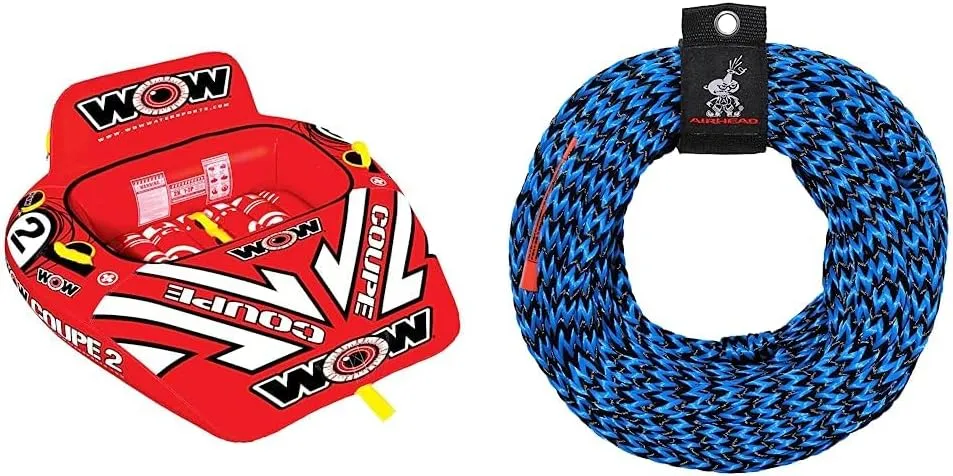 WOW Sports World of Watersports Coupe Cockpit 1 or 2 Person Inflatable Towable Cockpit Tube for Boating, 15-1030 and Airhead Tow Rope for 1-3 Rider Towable Tubes, 1 Section, 60-Feet