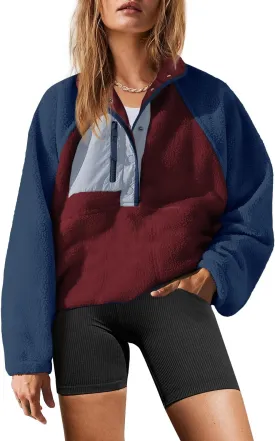 Yanekop Womens Fuzzy Fleece Pullover Sherpa Sweatshirt Long Sleeve Button Down Sweater Jacket with Pockets